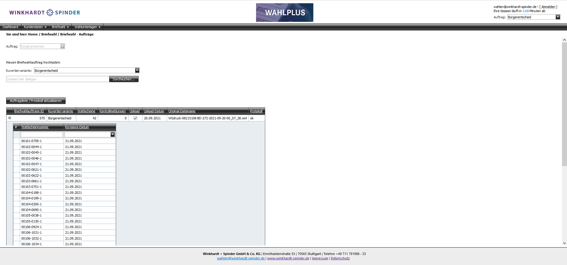 Sicheres und einfach zu bedienendes Drag&Drop System zur Übergabe Ihrer Briefwahlaufträge mit Schnittstelle zu allen gängigen Systemen wie z.B. KM.EVO, MESO und MESO/VOIS. Revisionsdatei zum Überblick über den Auftragsstatus.
